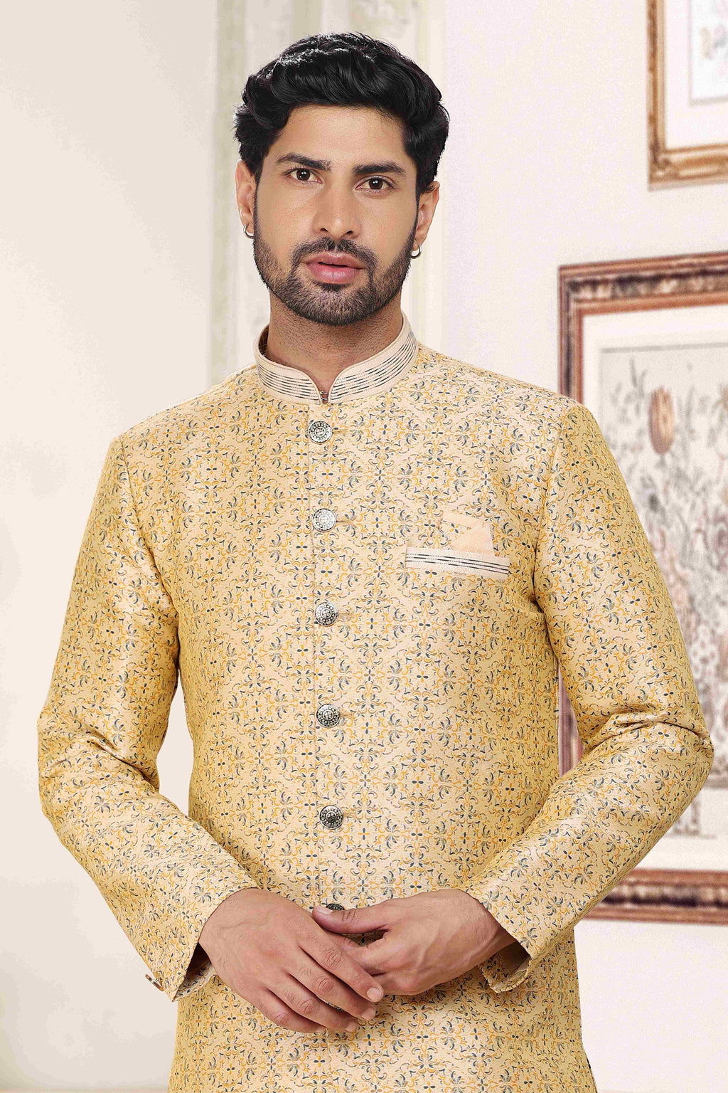 Raivat Ethnic Banarasi Jacquard Embroidery Semi Indo Western Sherwani In Cream Colour | Grocsy