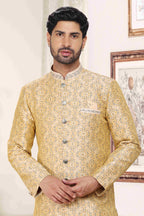 Raivat Ethnic Banarasi Jacquard Embroidery Semi Indo Western Sherwani In Cream Colour | Grocsy