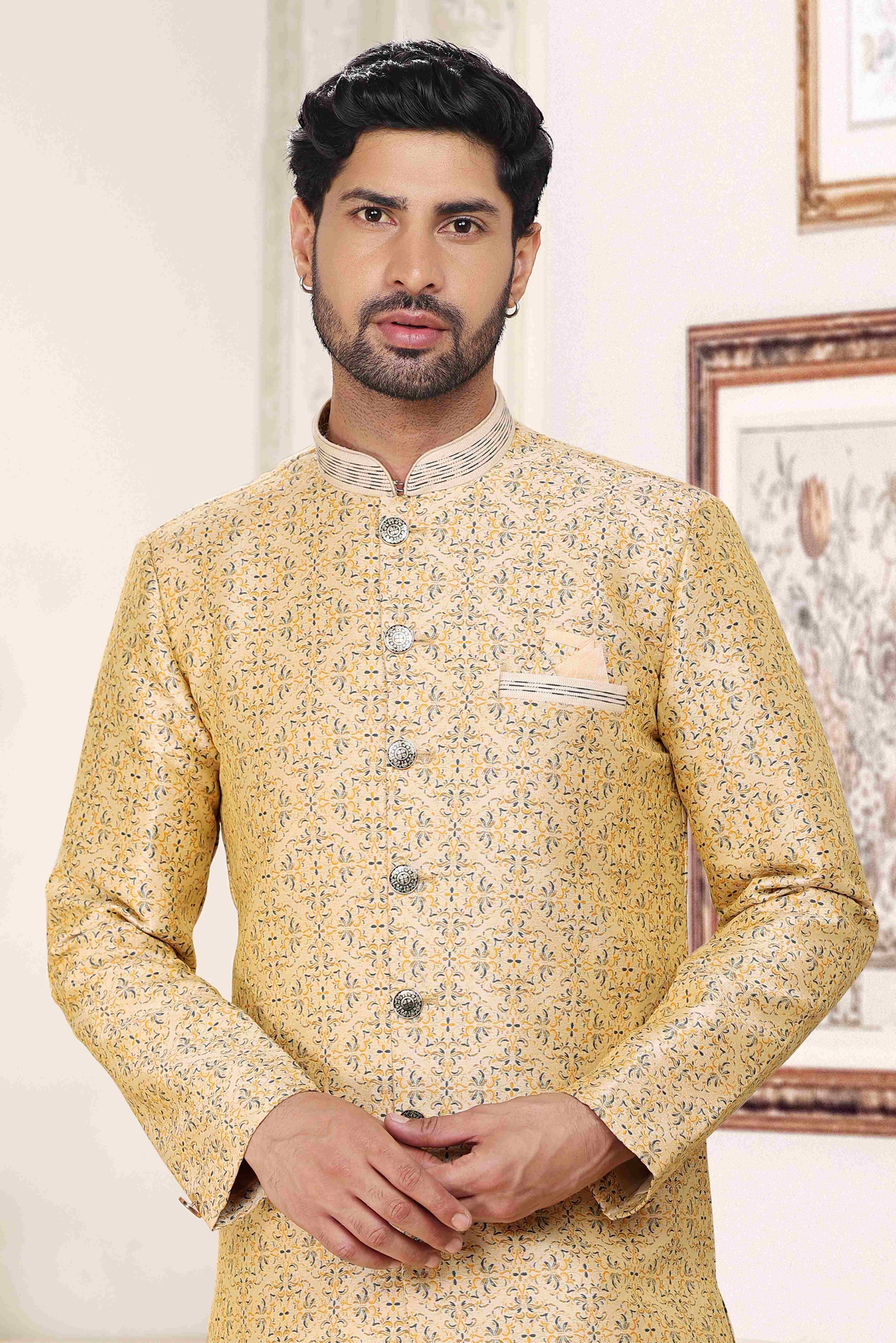 Raivat Ethnic Banarasi Jacquard Embroidery Semi Indo Western Sherwani In Cream Colour | Grocsy