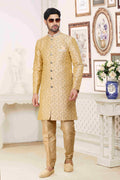 Raivat Ethnic Banarasi Jacquard Embroidery Semi Indo Western Sherwani In Cream Colour | Grocsy