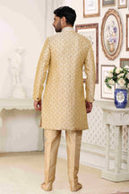 Raivat Ethnic Banarasi Jacquard Embroidery Semi Indo Western Sherwani In Cream Colour | Grocsy