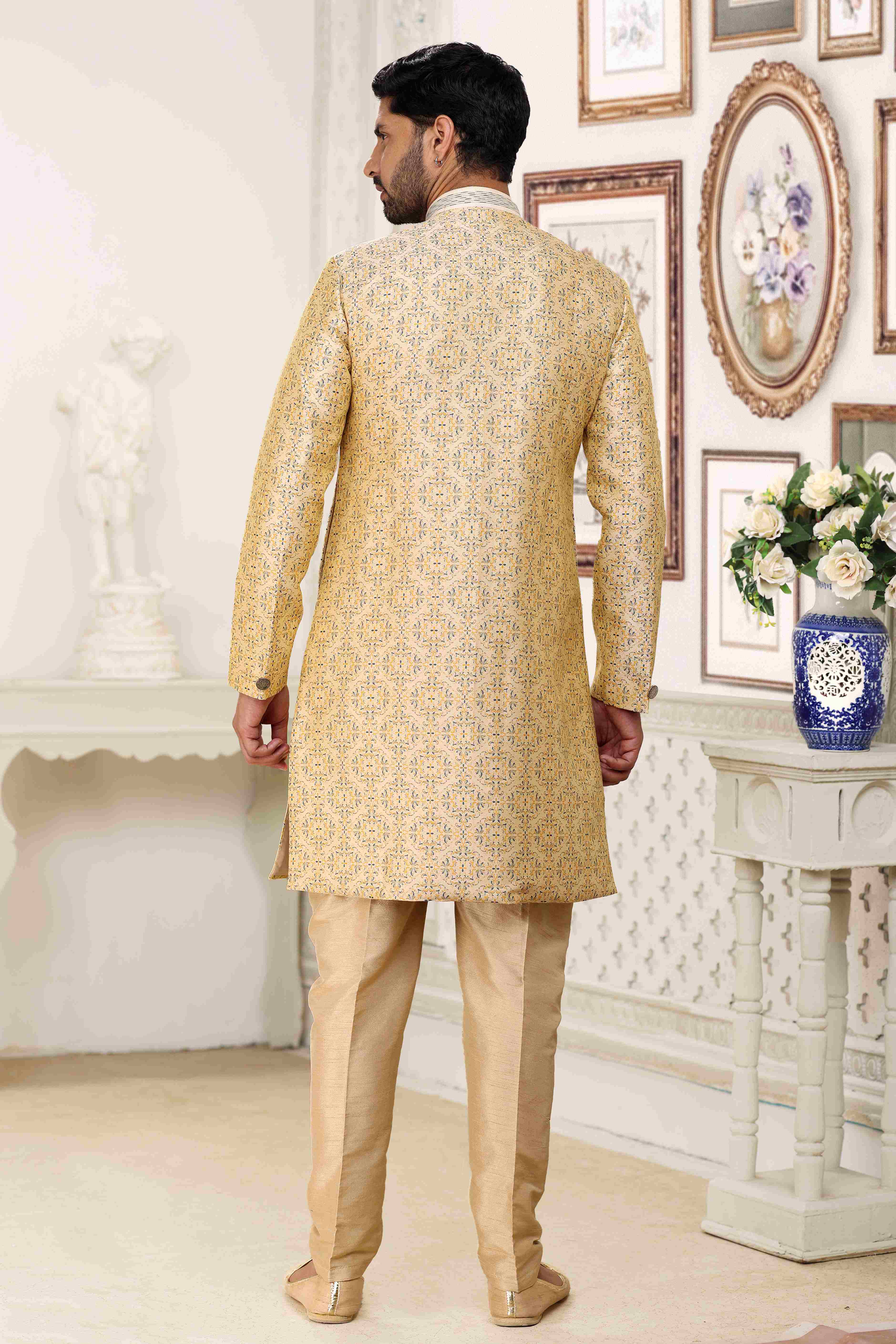 Raivat Ethnic Banarasi Jacquard Embroidery Semi Indo Western Sherwani In Cream Colour | Grocsy
