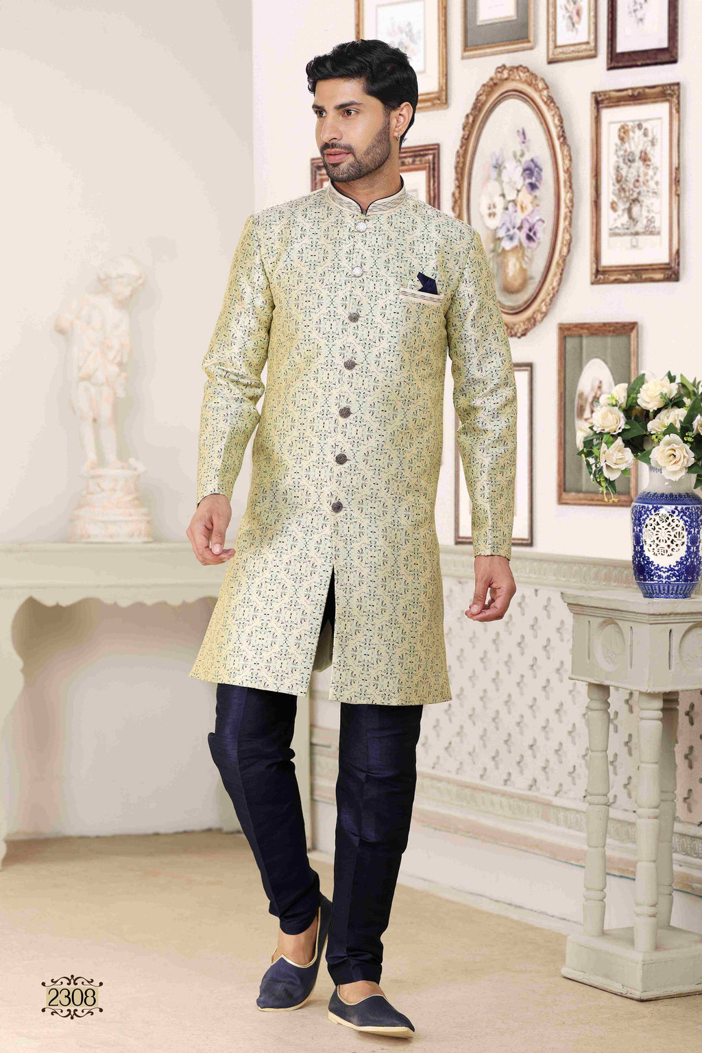 Raivat Ethnic Banarasi Jacquard Embroidery Semi Indo Western Sherwani In Cream Blue Colour | Grocsy