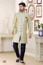 Raivat Ethnic Banarasi Jacquard Embroidery Semi Indo Western Sherwani In Cream Blue Colour | Grocsy