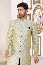 Raivat Ethnic Banarasi Jacquard Embroidery Semi Indo Western Sherwani In Cream Blue Colour | Grocsy