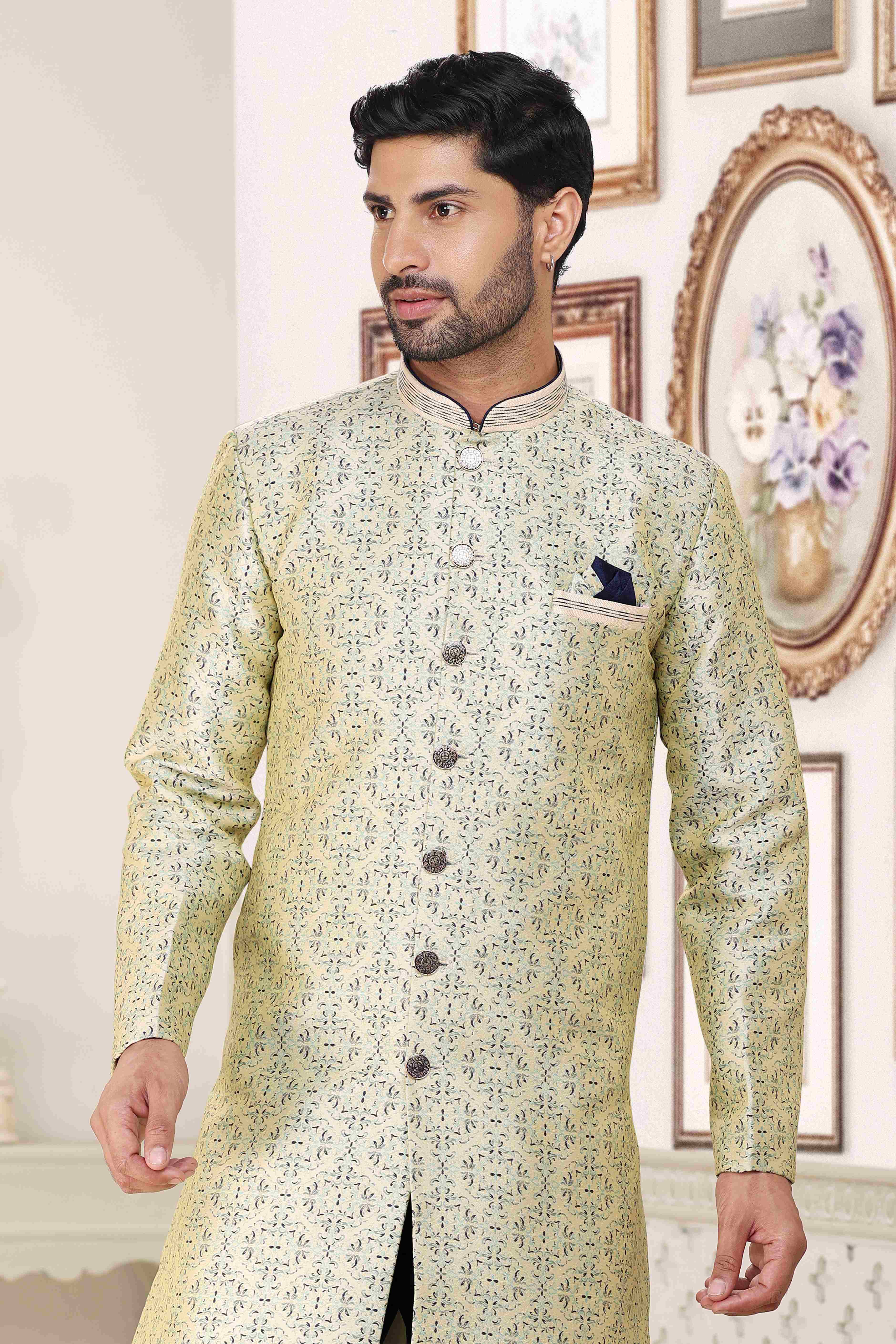 Raivat Ethnic Banarasi Jacquard Embroidery Semi Indo Western Sherwani In Cream Blue Colour | Grocsy