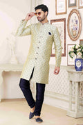 Raivat Ethnic Banarasi Jacquard Embroidery Semi Indo Western Sherwani In Cream Blue Colour | Grocsy