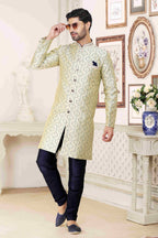 Raivat Ethnic Banarasi Jacquard Embroidery Semi Indo Western Sherwani In Cream Blue Colour | Grocsy