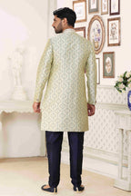 Raivat Ethnic Banarasi Jacquard Embroidery Semi Indo Western Sherwani In Cream Blue Colour | Grocsy