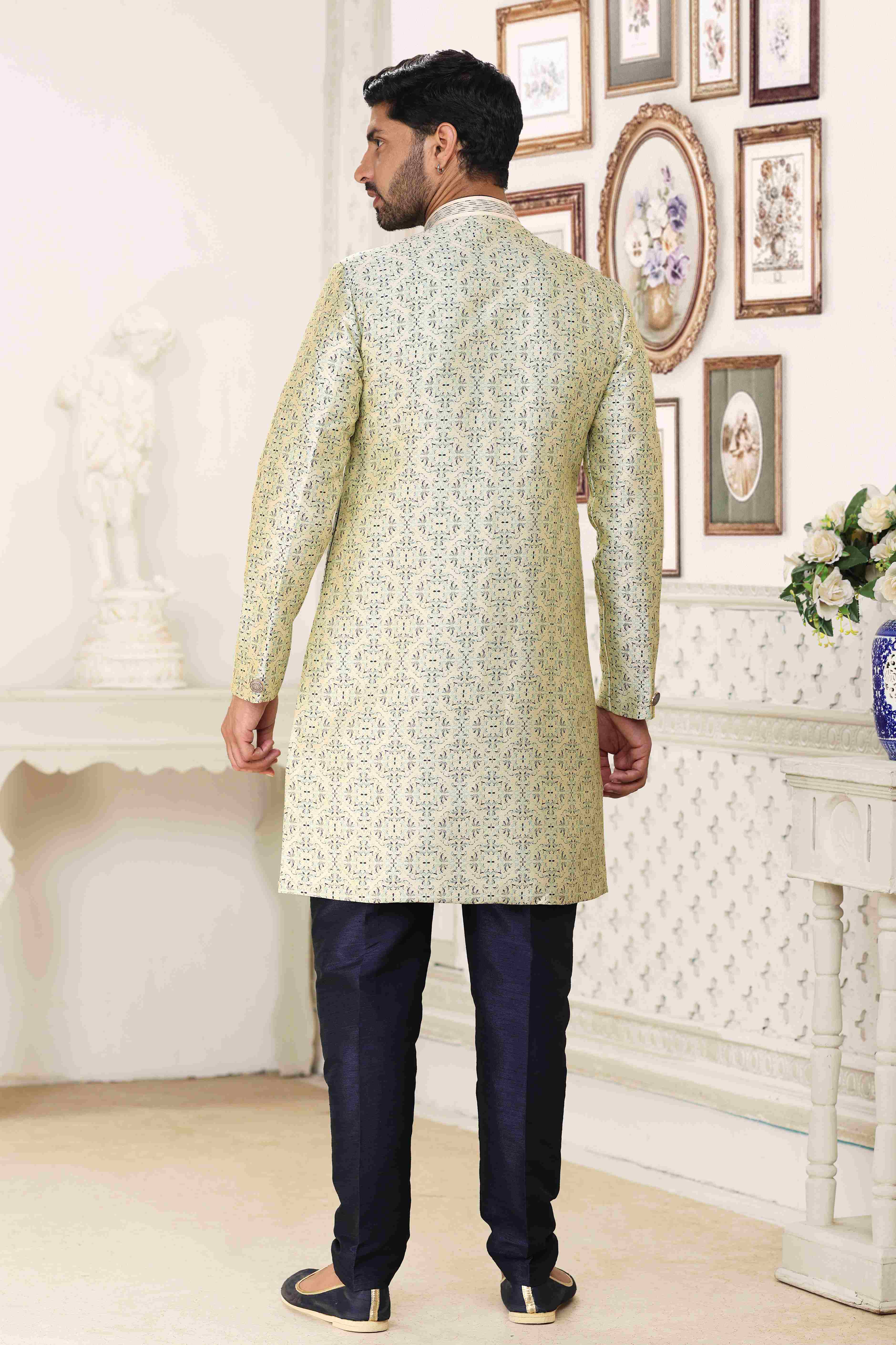 Raivat Ethnic Banarasi Jacquard Embroidery Semi Indo Western Sherwani In Cream Blue Colour | Grocsy