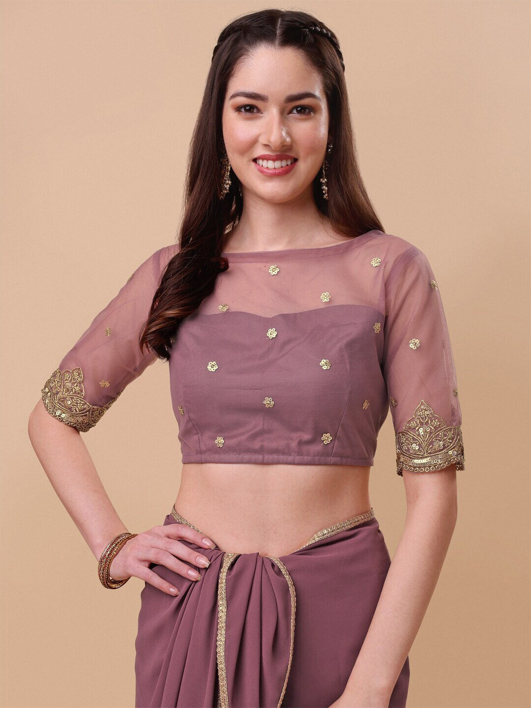 Sangria Mauve Embroidered Poly Georgette Saree | Grocsy
