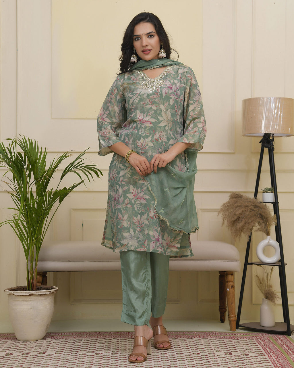 Vaasva Women Green Tissue Shimmer Kurta With Silk Pant & Dupatta | Grocsy