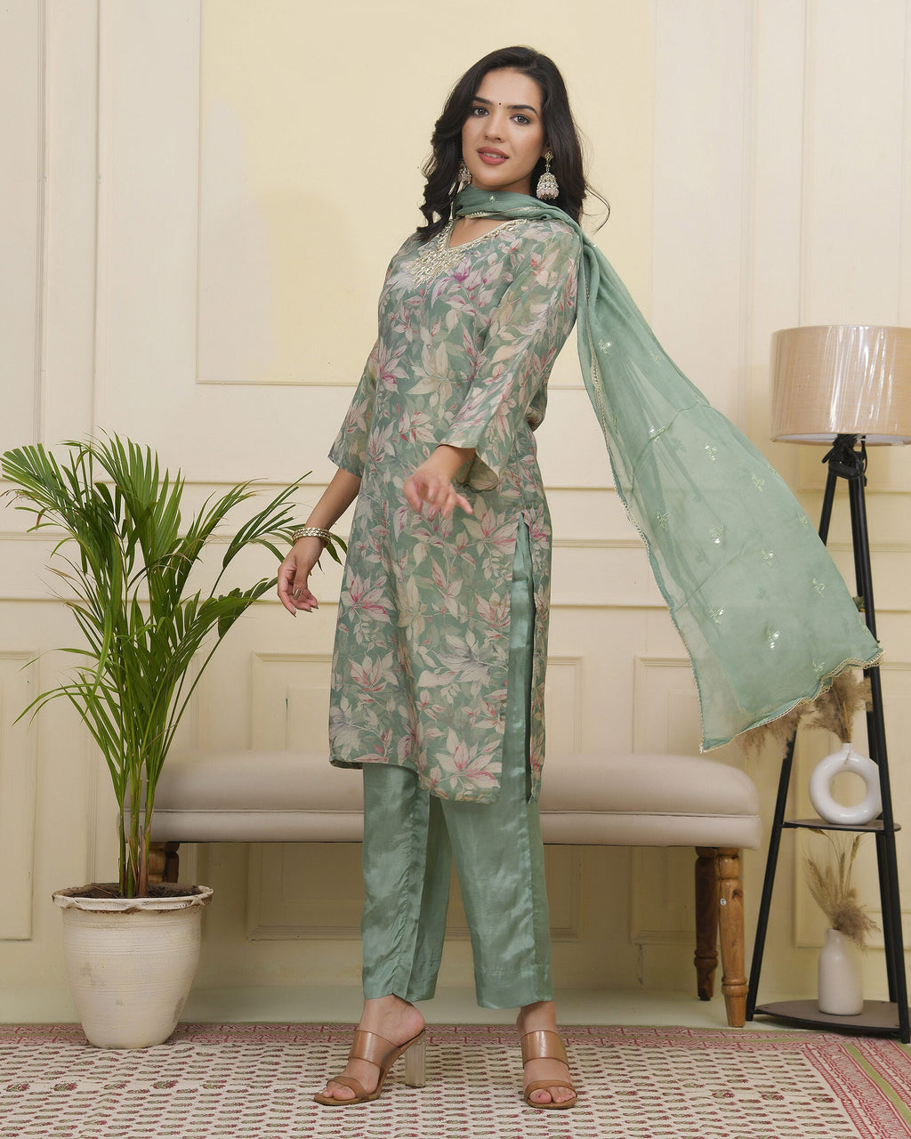 Vaasva Women Green Tissue Shimmer Kurta With Silk Pant & Dupatta | Grocsy