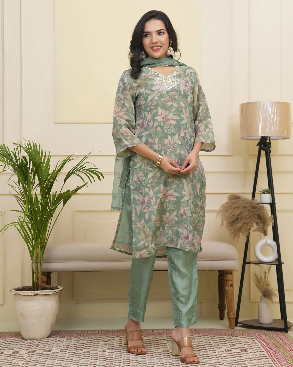 Vaasva Women Green Tissue Shimmer Kurta With Silk Pant & Dupatta | Grocsy