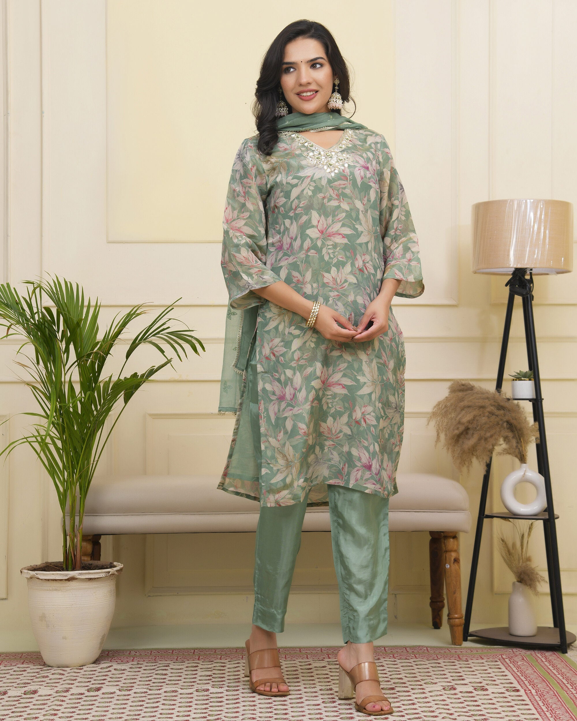 Vaasva Women Green Tissue Shimmer Kurta With Silk Pant & Dupatta | Grocsy