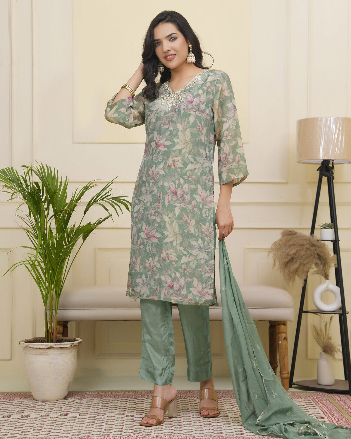 Vaasva Women Green Tissue Shimmer Kurta With Silk Pant & Dupatta | Grocsy