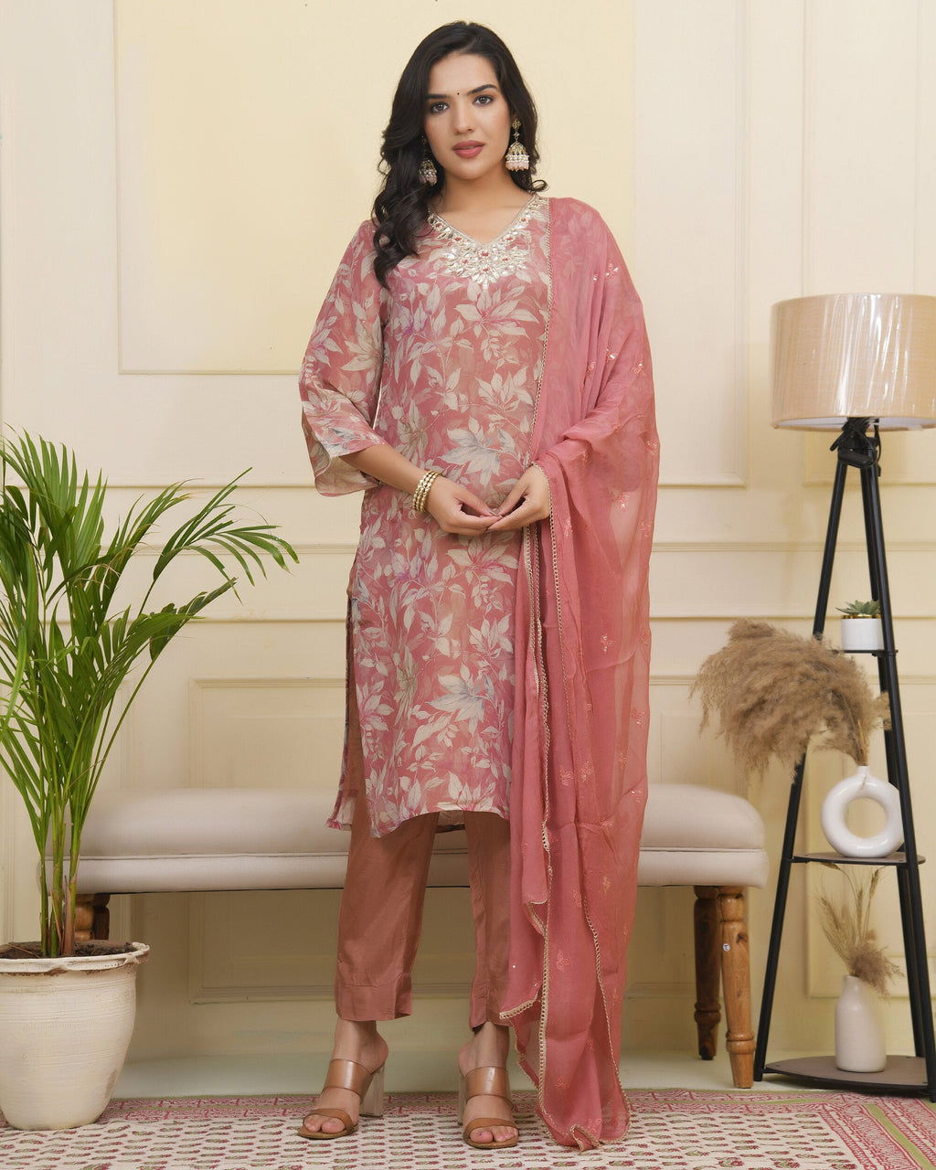 Vaasva Women Pink Tissue Shimmer Kurta With Silk Pant & Dupatta | Grocsy