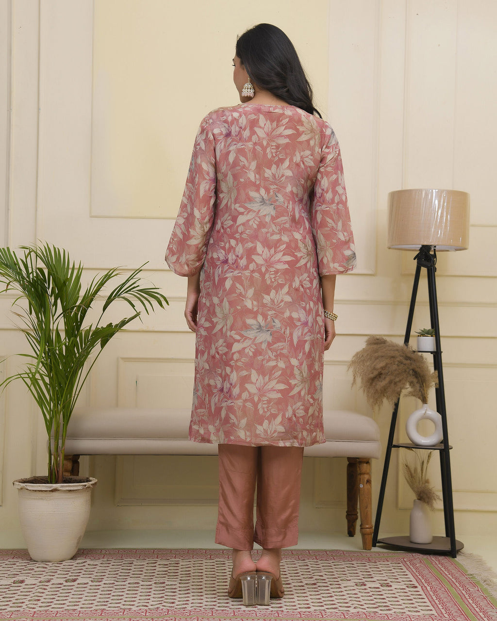 Vaasva Women Pink Tissue Shimmer Kurta With Silk Pant & Dupatta | Grocsy
