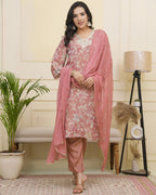 Vaasva Women Pink Tissue Shimmer Kurta With Silk Pant & Dupatta | Grocsy