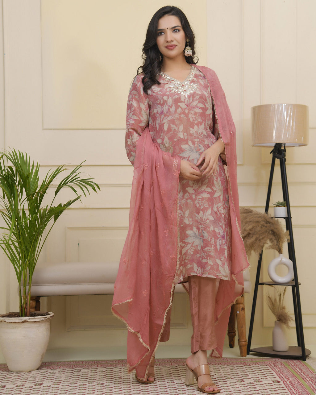 Vaasva Women Pink Tissue Shimmer Kurta With Silk Pant & Dupatta | Grocsy