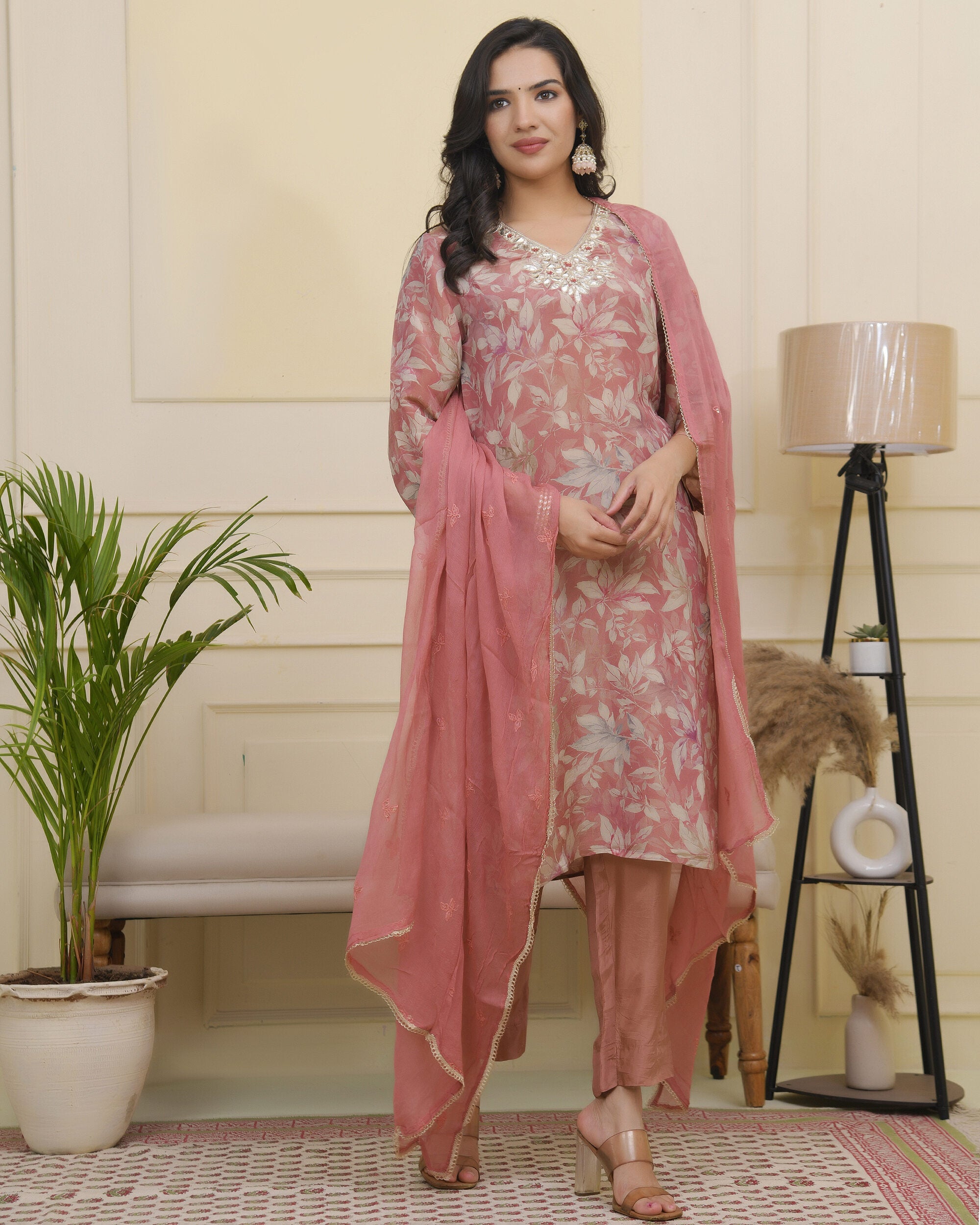 Vaasva Women Pink Tissue Shimmer Kurta With Silk Pant & Dupatta | Grocsy