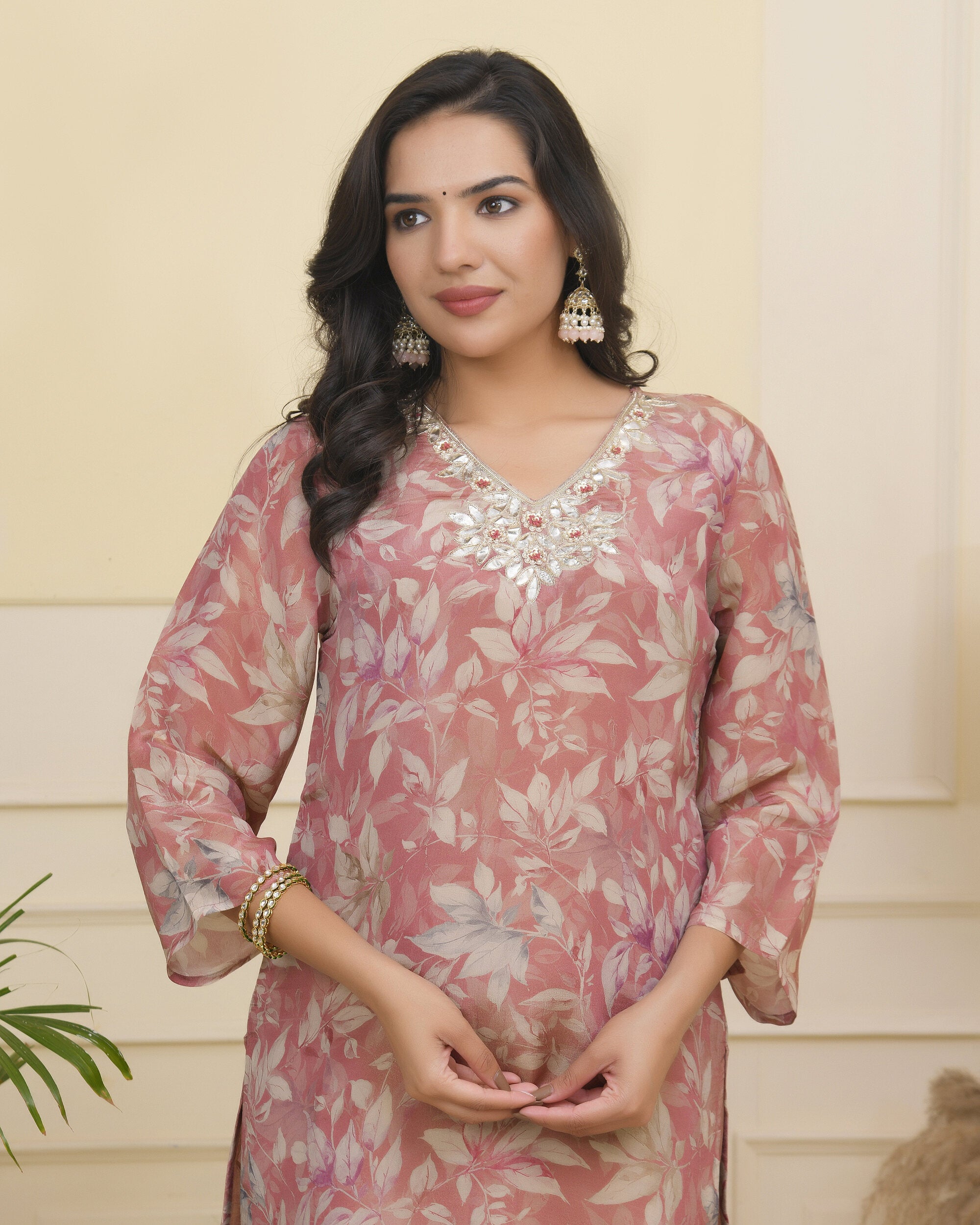 Vaasva Women Pink Tissue Shimmer Kurta With Silk Pant & Dupatta | Grocsy