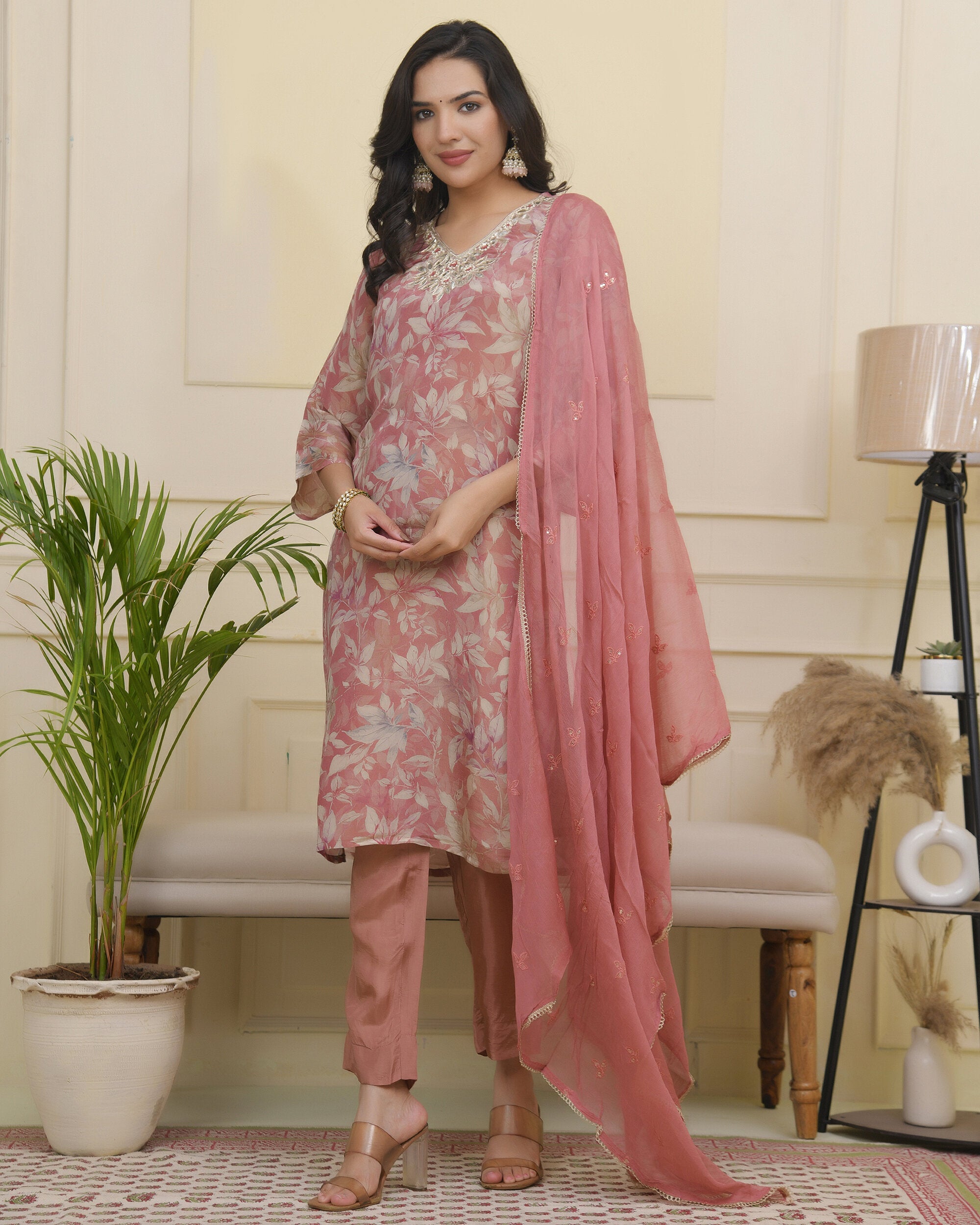 Vaasva Women Pink Tissue Shimmer Kurta With Silk Pant & Dupatta | Grocsy