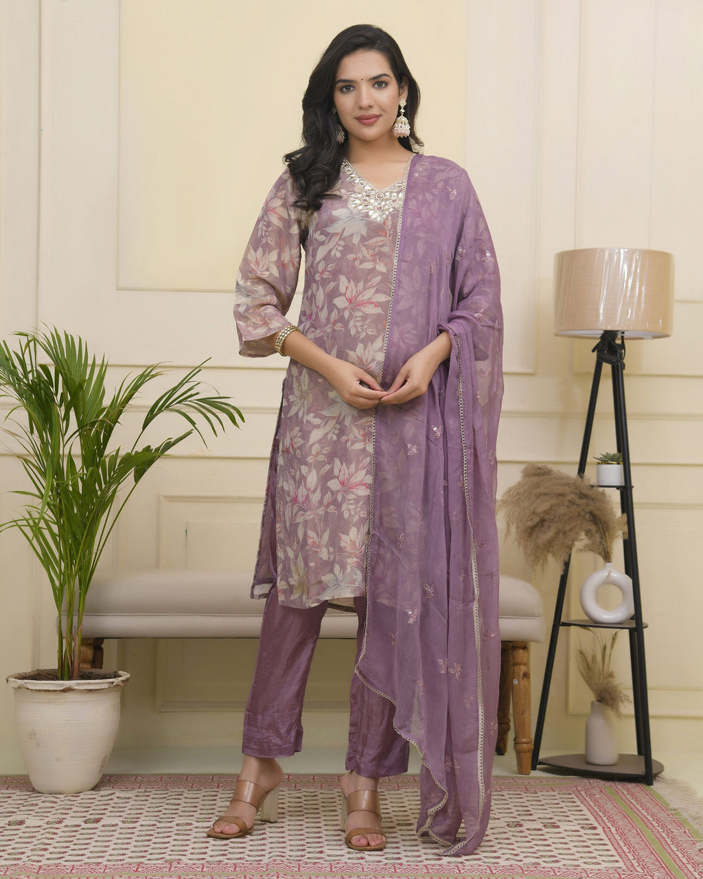 Vaasva Women Lavender Tissue Shimmer Kurta With Silk Pant & Dupatta | Grocsy