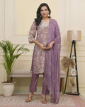 Vaasva Women Lavender Tissue Shimmer Kurta With Silk Pant & Dupatta | Grocsy