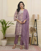 Vaasva Women Lavender Tissue Shimmer Kurta With Silk Pant & Dupatta | Grocsy