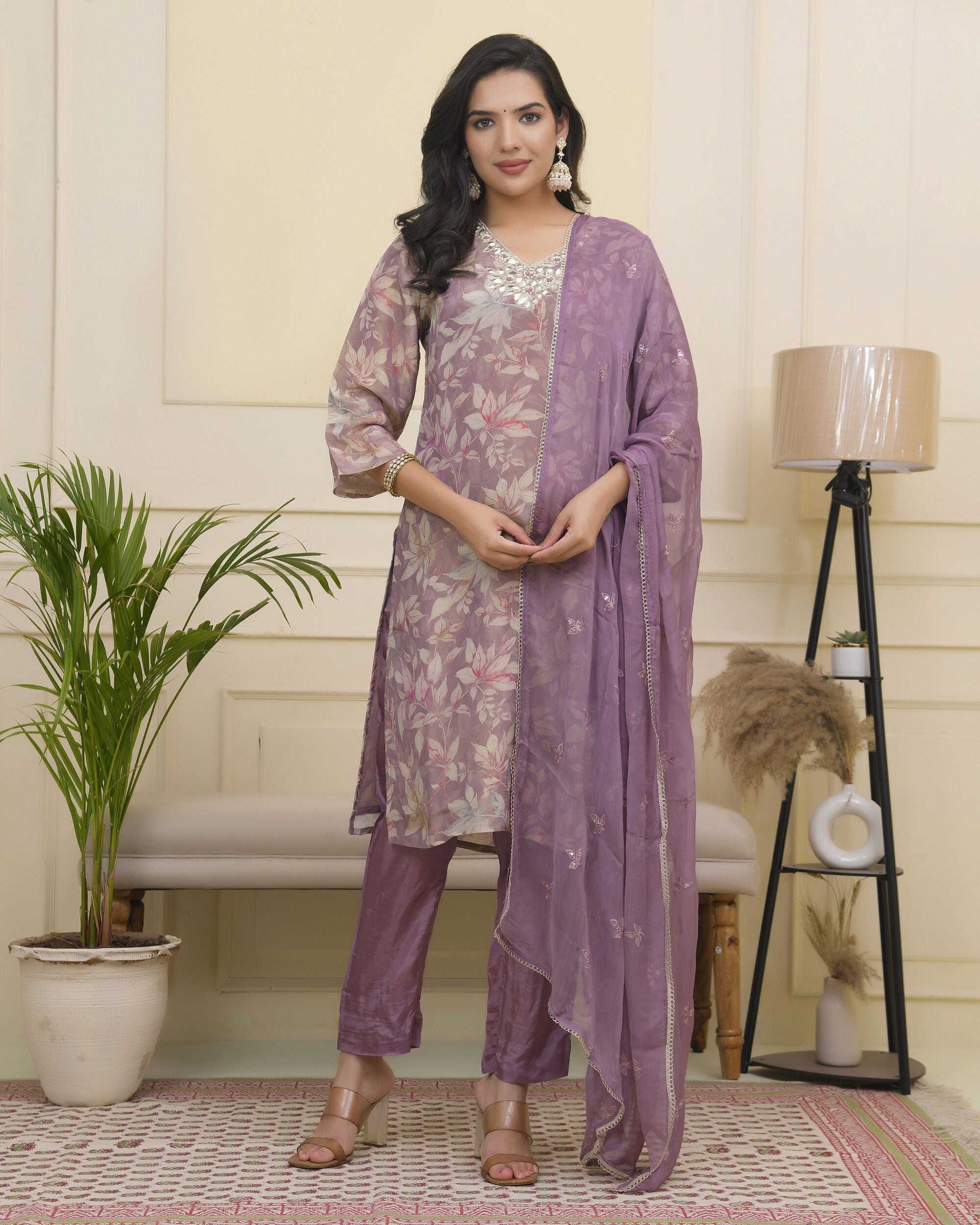 Vaasva Women Lavender Tissue Shimmer Kurta With Silk Pant & Dupatta | Grocsy
