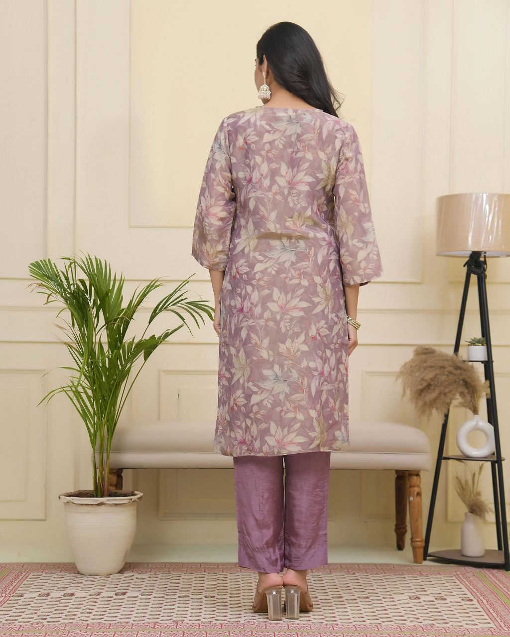 Vaasva Women Lavender Tissue Shimmer Kurta With Silk Pant & Dupatta | Grocsy
