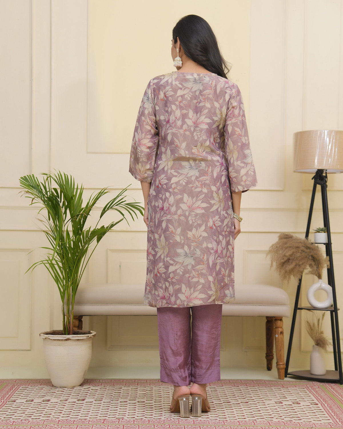 Vaasva Women Lavender Tissue Shimmer Kurta With Silk Pant & Dupatta | Grocsy