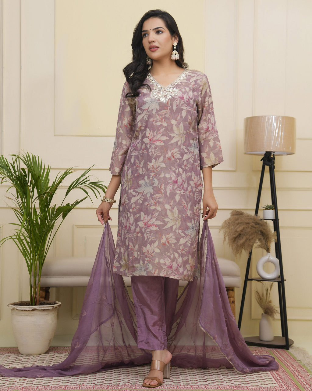 Vaasva Women Lavender Tissue Shimmer Kurta With Silk Pant & Dupatta | Grocsy