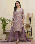 Vaasva Women Lavender Tissue Shimmer Kurta With Silk Pant & Dupatta | Grocsy
