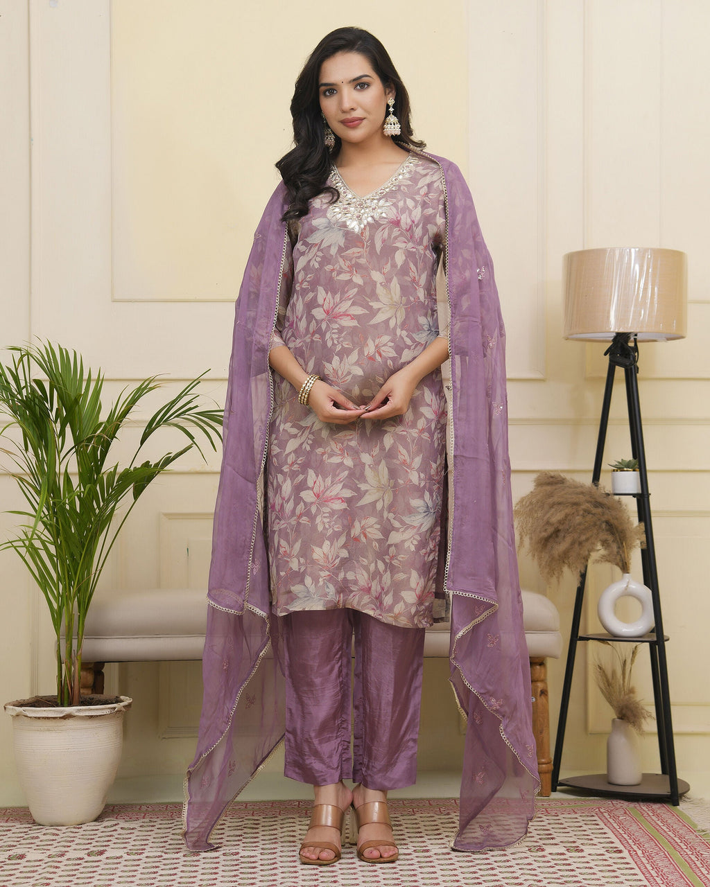 Vaasva Women Lavender Tissue Shimmer Kurta With Silk Pant & Dupatta | Grocsy