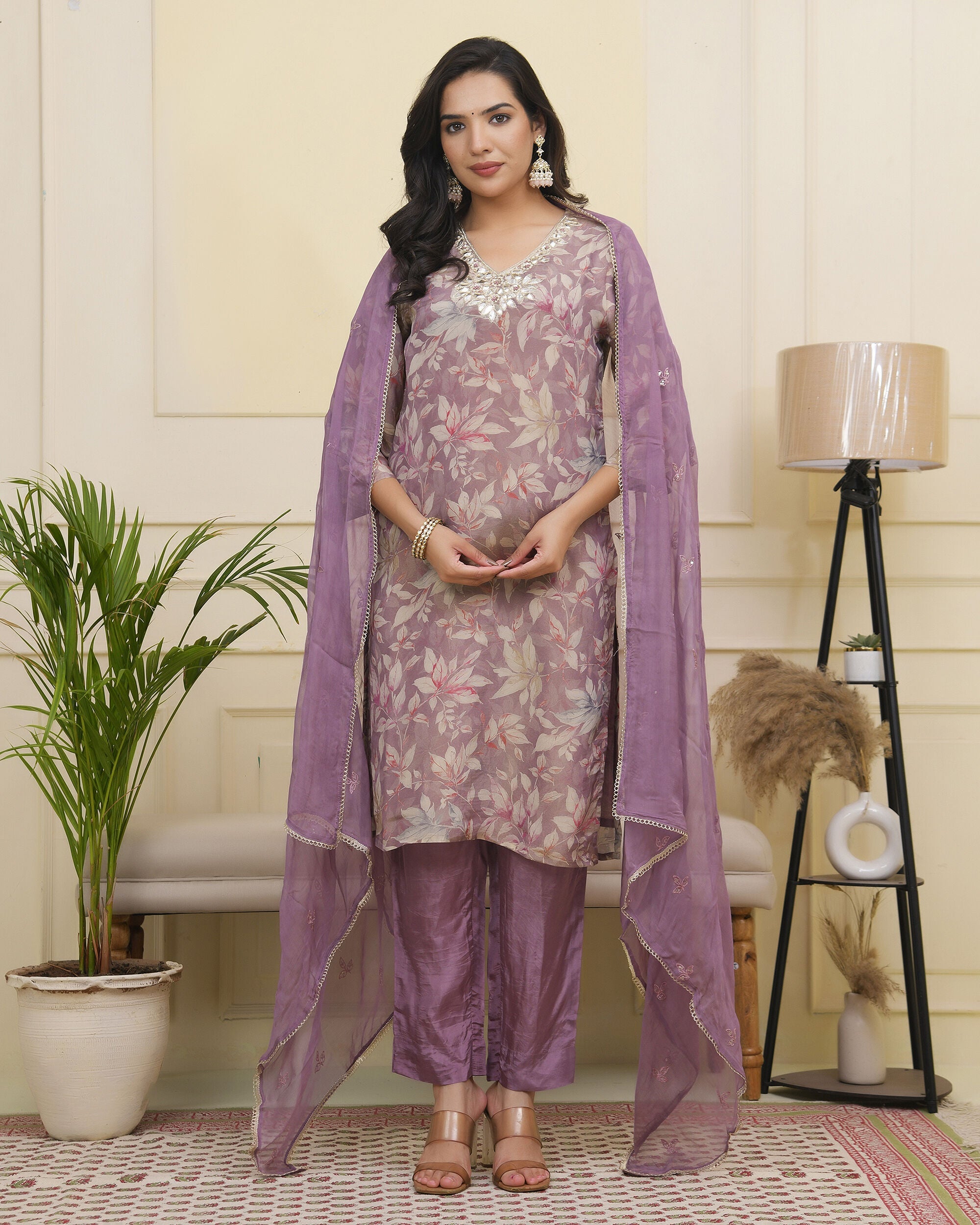 Vaasva Women Lavender Tissue Shimmer Kurta With Silk Pant & Dupatta | Grocsy
