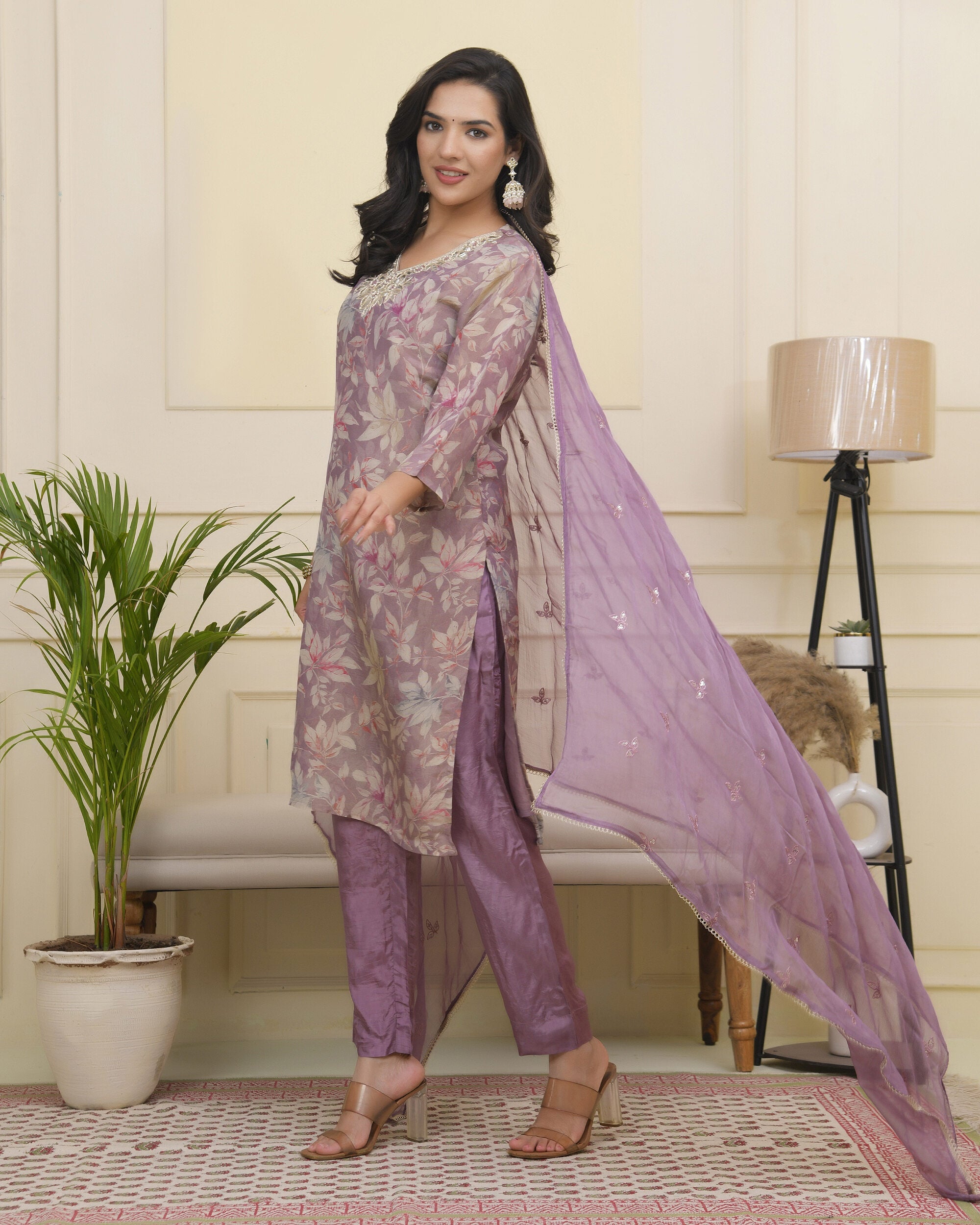 Vaasva Women Lavender Tissue Shimmer Kurta With Silk Pant & Dupatta | Grocsy