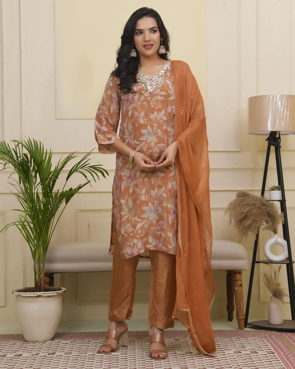 Vaasva Women Rust Tissue Shimmer Kurta With Silk Pant & Dupatta | Grocsy
