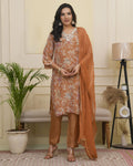 Vaasva Women Rust Tissue Shimmer Kurta With Silk Pant & Dupatta | Grocsy
