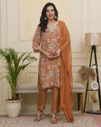 Vaasva Women Rust Tissue Shimmer Kurta With Silk Pant & Dupatta | Grocsy