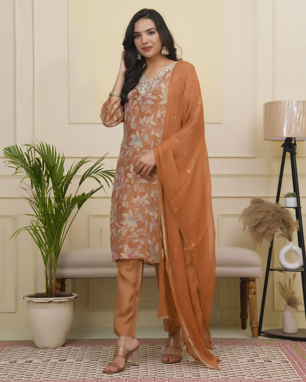 Vaasva Women Rust Tissue Shimmer Kurta With Silk Pant & Dupatta | Grocsy