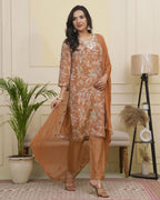 Vaasva Women Rust Tissue Shimmer Kurta With Silk Pant & Dupatta | Grocsy