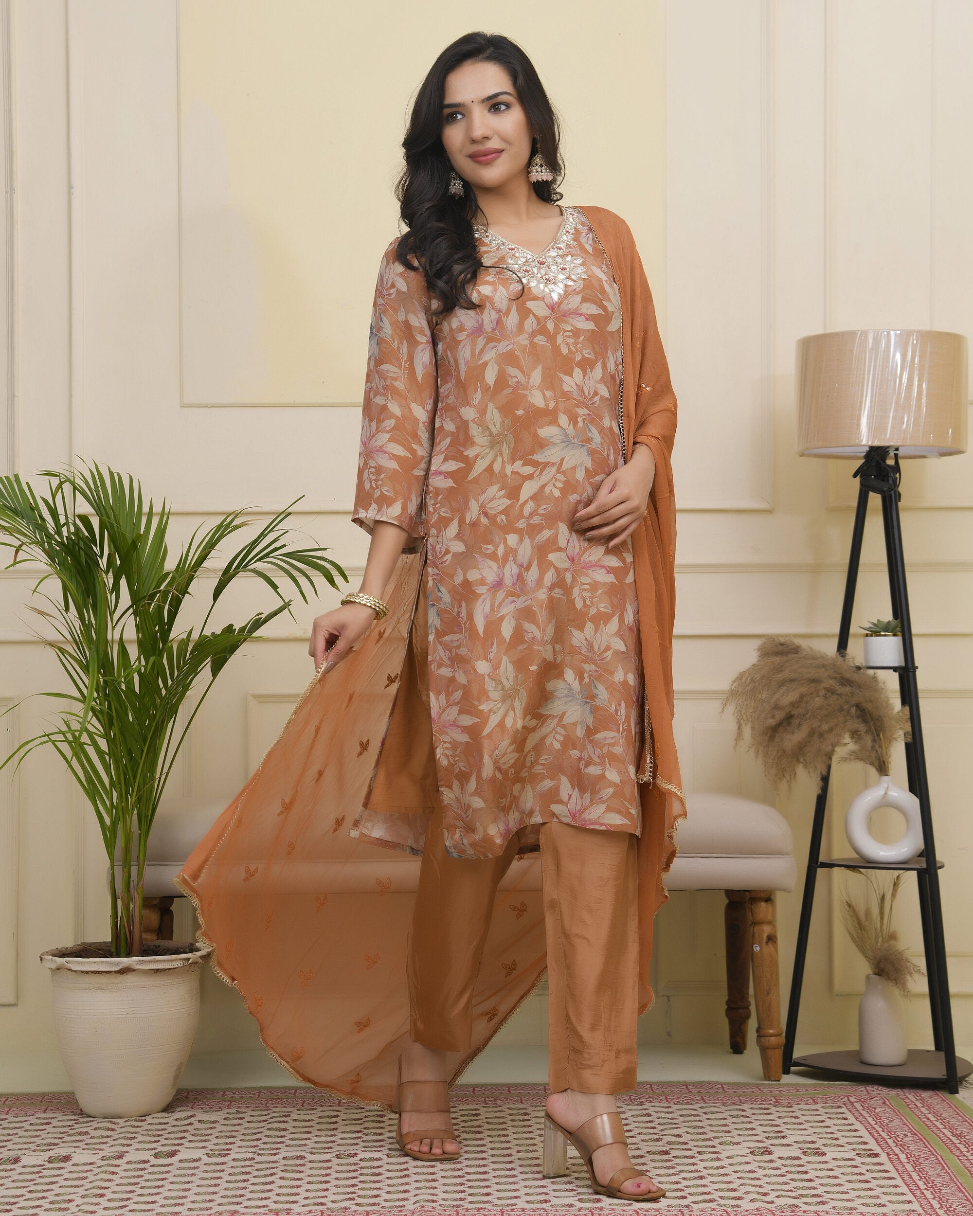 Vaasva Women Rust Tissue Shimmer Kurta With Silk Pant & Dupatta | Grocsy