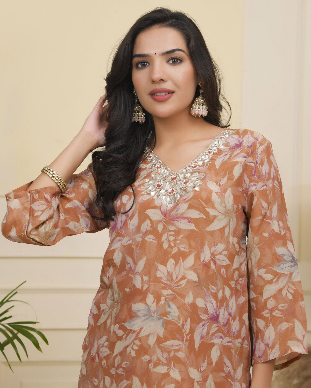 Vaasva Women Rust Tissue Shimmer Kurta With Silk Pant & Dupatta | Grocsy