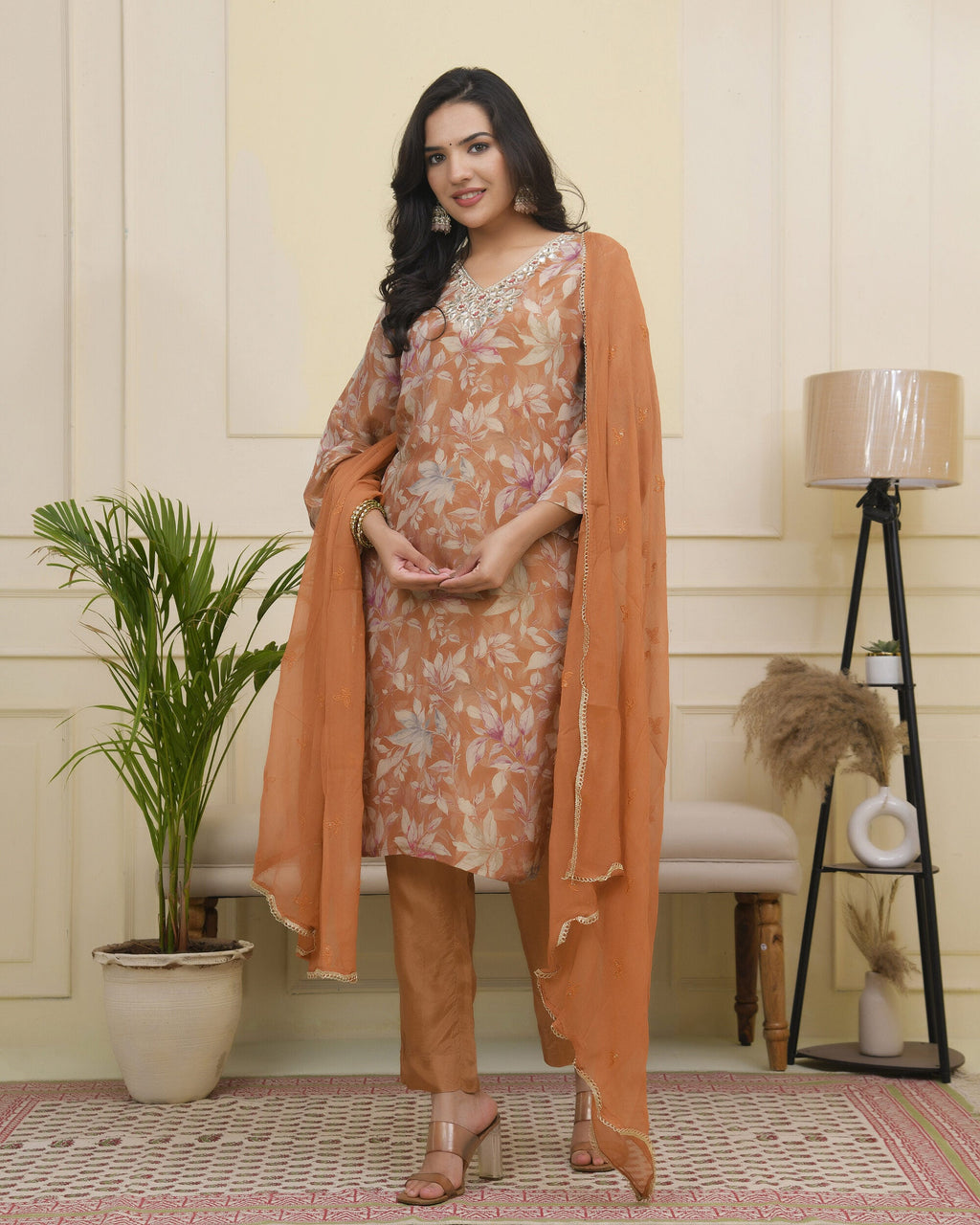 Vaasva Women Rust Tissue Shimmer Kurta With Silk Pant & Dupatta | Grocsy
