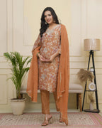 Vaasva Women Rust Tissue Shimmer Kurta With Silk Pant & Dupatta | Grocsy
