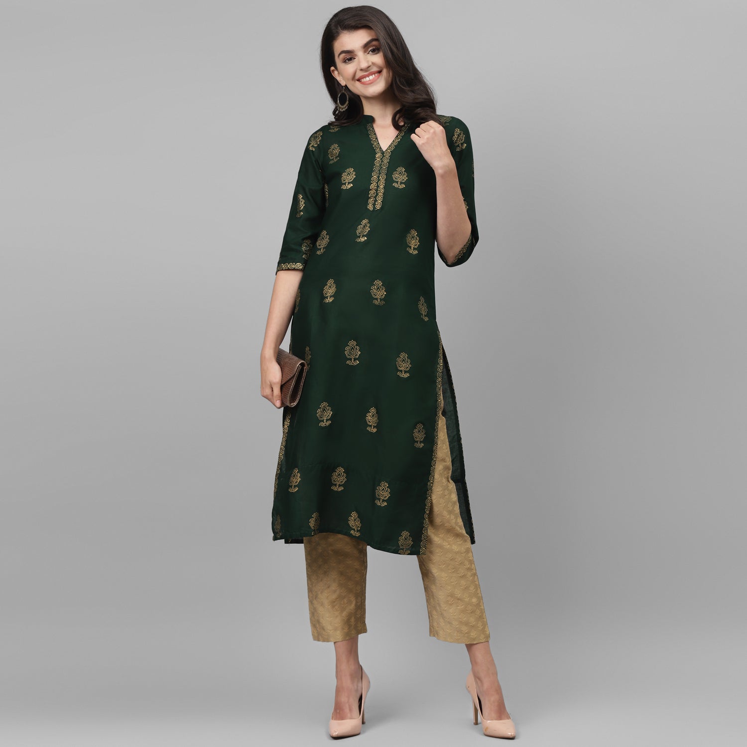 Maai Rayon Hand Printed Kurta Green | Grocsy