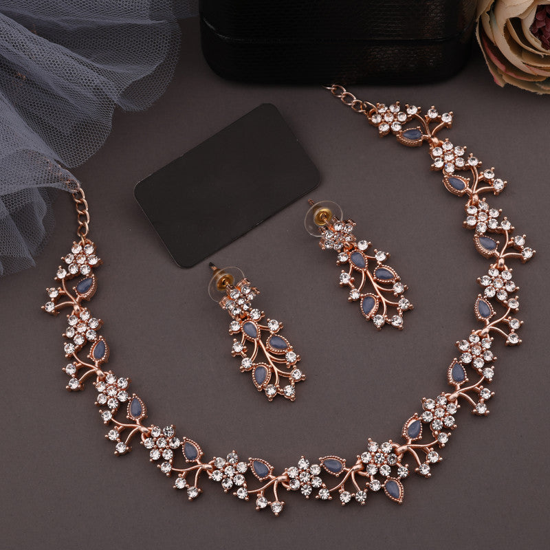 Tehzeeb Creations Rose Gold Pleated White Diamond With Blue Beads Necklace Set | Grocsy