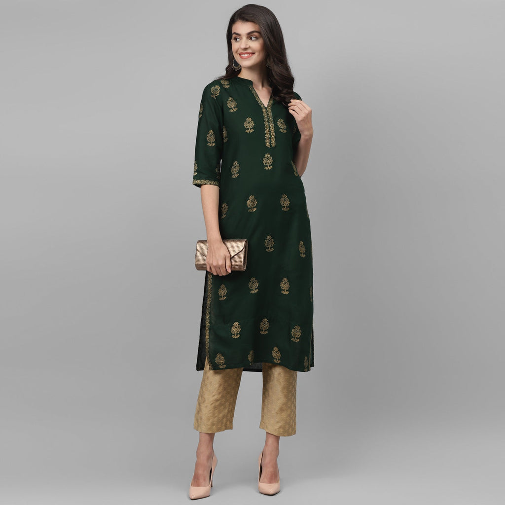 Maai Rayon Hand Printed Kurta Green | Grocsy